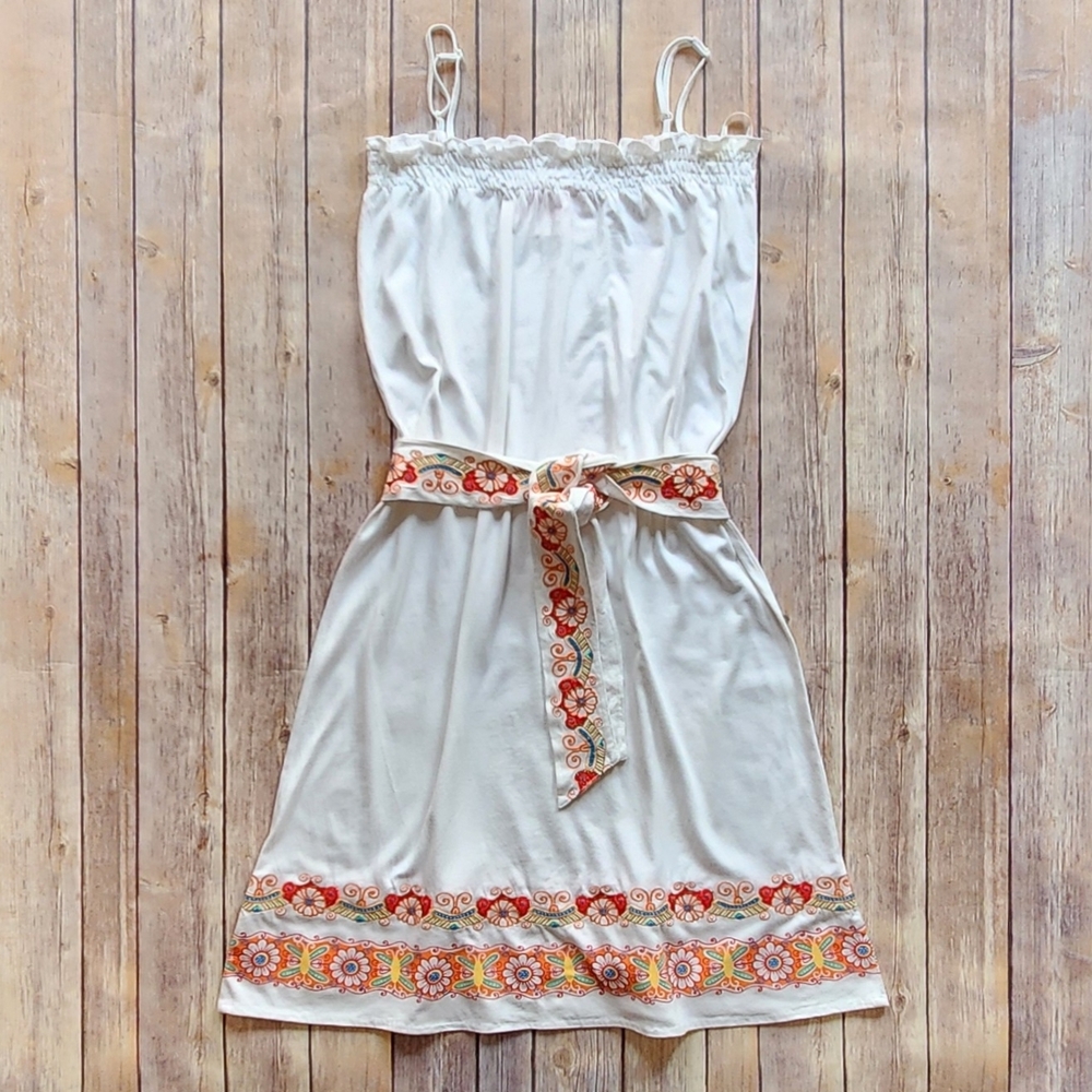 Sweetees White Dress with Orange Floral Trim Size M